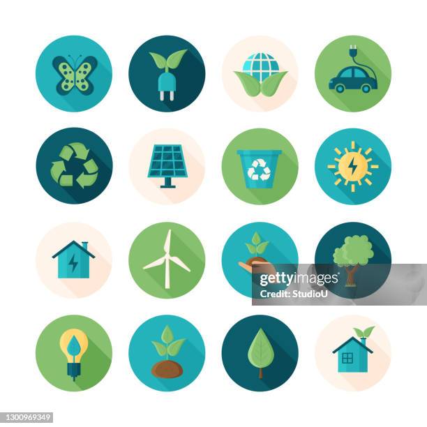 sustainability of environment flat design icon set - carbon footprint stock illustrations