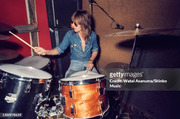Queen at Ridge Farm Studio during the recording of their album 'A Night At The Opera', Surrey, United Kingdom, 14th July 1975. Roger Taylor playing...