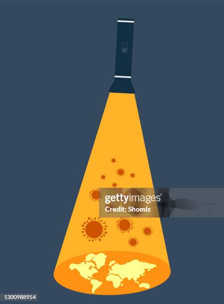 flashlight illuminates world map with corona virus - flashlight night stock illustrations