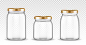 Empty glass jars different shapes with gold lids