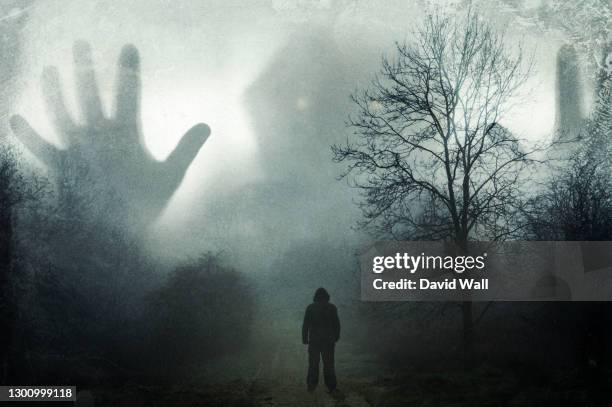 a man looking up at a huge ghostly hooded figure appearing out the mist. on a moody winters day in the countryside. with a grunge, vintage edit. - fairytale woods stock pictures, royalty-free photos & images