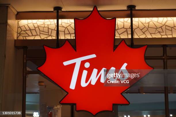 Logo is seen at a Tim Hortons' store before its opening on February 8, 2021 in Guangzhou, Guangdong Province of China. Tim Hortons will open its...