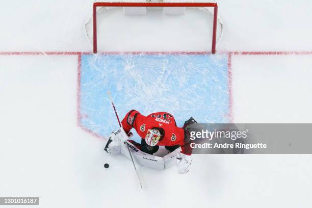 Matt Murray of the Ottawa Senators warms up prior to a game against the Montreal Canadiens at Canadian Tire Centre on February 6, 2021 in Ottawa,...