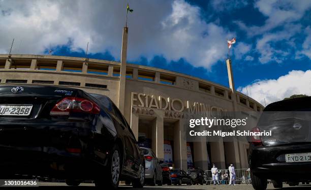 Cars queue outside Pacaembu Stadium where a drive-thru vaccination system for senior citizens was set up on February 8, 2021 in Sao Paulo, Brazil.