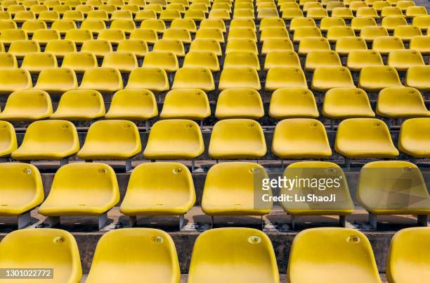 rows of yellow stadium seats. - empty stadium stock-fotos und bilder