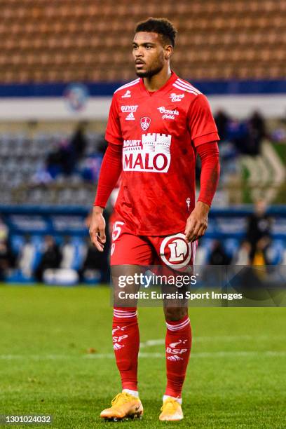 Steve Mounié of Brest walks in the field during the Ligue 1 match between RC Strasbourg and Stade Brest at Stade de la Meinau on February 3, 2021 in...