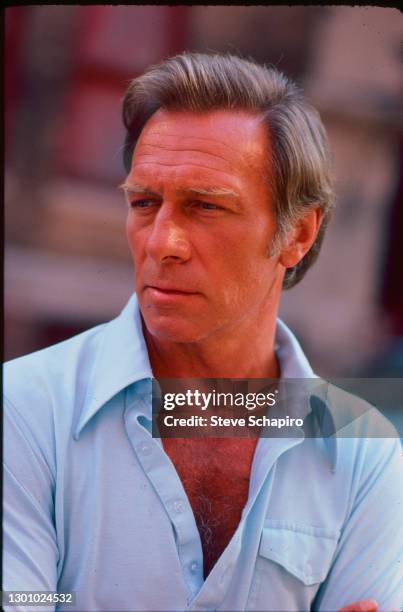 View of Canadian actor Christopher Plummer during the filming of 'Eyewitness' , New York, New York, June 1980.