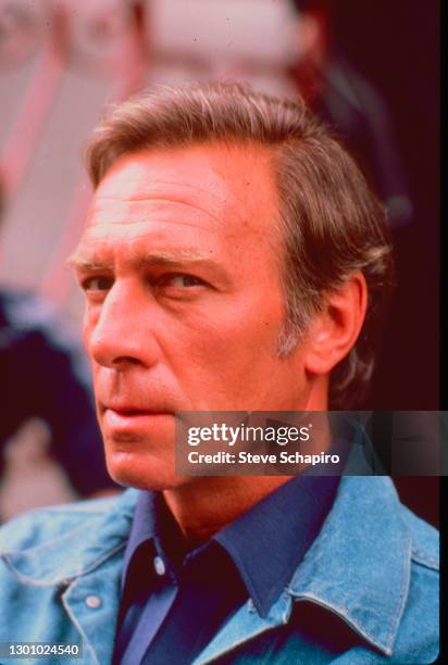 Close-up of Canadian actor Christopher Plummer during the filming of 'Eyewitness' , New York, New York, June 1980.