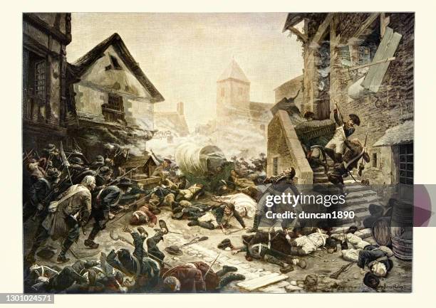 stockillustraties, clipart, cartoons en iconen met combat at cholet, or the suicide of general moulin, french revolutionary wars - franse revolutie