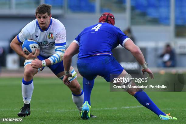 Italy player Johan Meyer and France player Bernard le Roux during match Italy-France in the Olympic stadium. Rome , February 06th, 2021