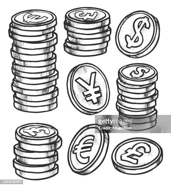 coins doodle set - european union coin stock illustrations