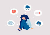 Girl surrounded by symptoms of depression disorder: anxiety, crisis, tears, exhaustion, loss,  overworked, tired.