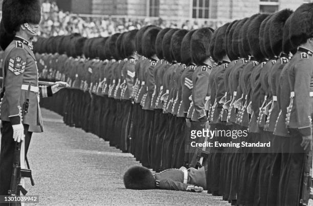 Guardsman faints during a rehearsal for the Trooping the Colour ceremony in London, UK, 26th May 1973.