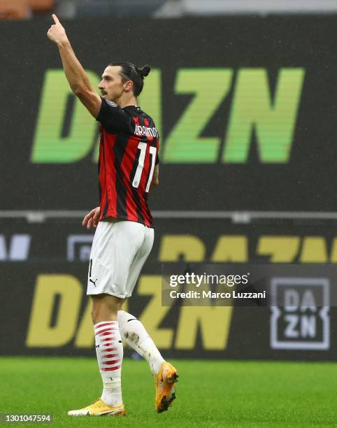 Zlatan Ibrahimovic of AC Milan celebrates after scoring the opening goal during the Serie A match between AC Milan and FC Crotone at Stadio Giuseppe...