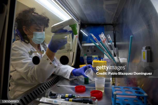 Laboratory technician works inside a lab at Algenex production plant on February 08, 2021 in Tres Cantos, near Madrid, Spain. Algenex, the...