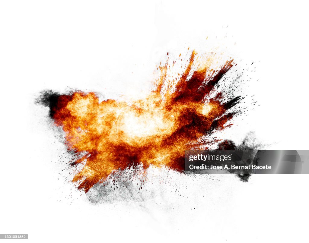 Cloud of fire and smoke caused by an explosion on a white background.