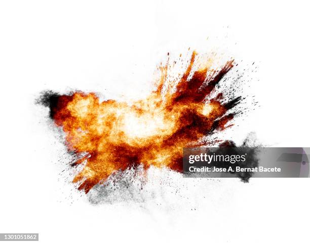 cloud of fire and smoke caused by an explosion on a white background. - bombardeamento imagens e fotografias de stock