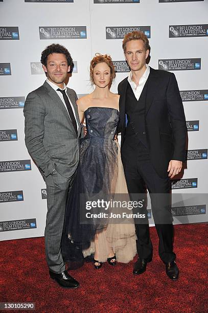 Actor Richard Coyle, actress Andrea Riseborough and Actor James D'Arcy attends the screening of 'W.E.' at The 55th BFI London Film Festival at Empire...