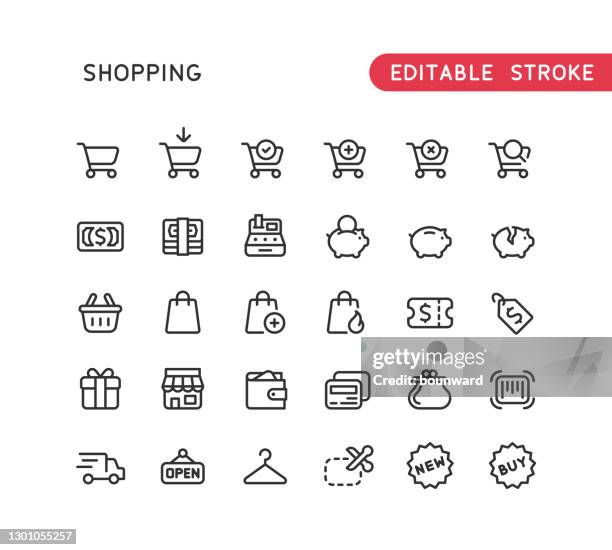 stockillustraties, clipart, cartoons en iconen met bewerkbare lijn winkellijnpictogrammen - portemonnee