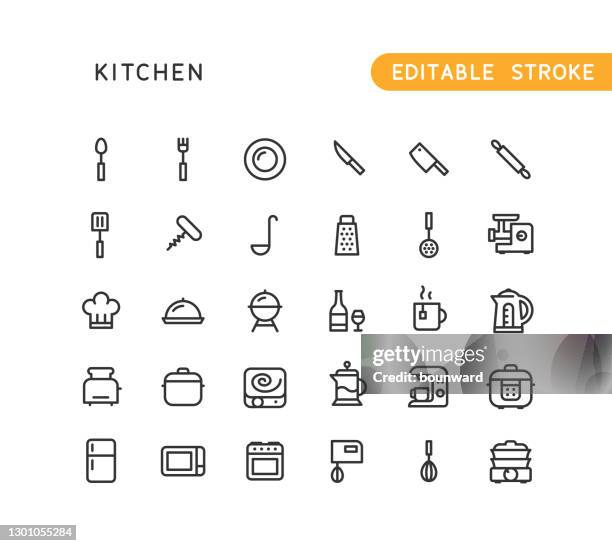 kitchen line icons editable stroke - meat grinder stock illustrations