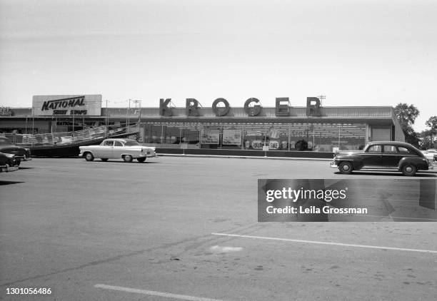 View of Kroger grocery store parking lot circa 1956 in Nashville, Tennessee.