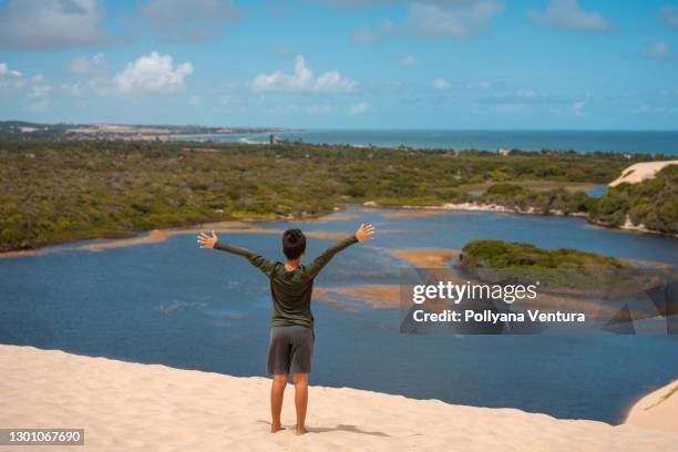 ジェニパブのラグーンの景色を見て両手を広げて - ブラジル ナタール ストックフォトと画像