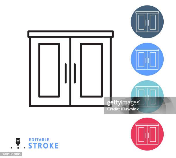 illustrazioni stock, clip art, cartoni animati e icone di tendenza di armadio di archiviazione per l'efficienza domestica linea sottile set di icone - tratto modificabile - armadietto da cucina