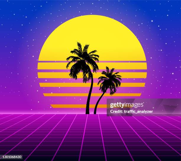 synthwave retro background - sun flare trees stock illustrations