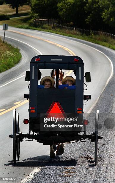 Two Amish children look out from their horse and buggy August 7, 2002 in Lancaster County, Pennsylvania. The Amish, who have their roots in the...