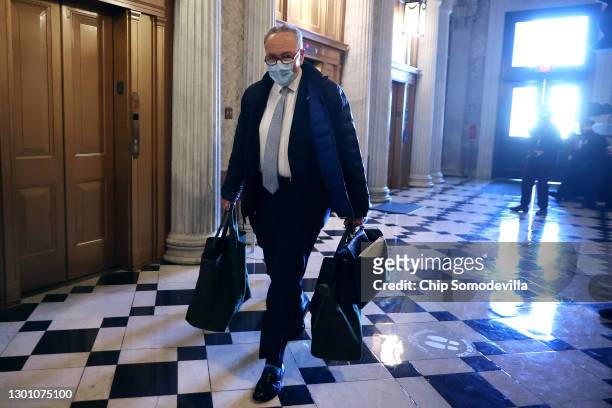 Senate Majority Leader Charles Schumer arrives at the U.S. Capitol on February 08, 2021 in Washington, DC. The Senate will be start President Donald...