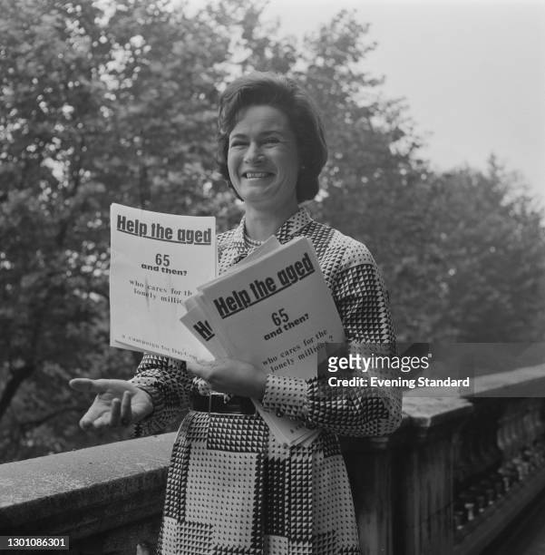 British concert pianist Marion Stein , the wife of Liberal leader Jeremy Thorpe, distributes leaflets for Help the Aged, UK, 21st July 1973.