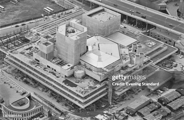 An aerial view of the Royal National Theatre under construction on the South Bank of the River Thames in London, UK, 21st July 1973.