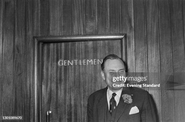 British Conservative politician Enoch Powell outside the Gentlemen's toilets, UK, 15th June 1973.