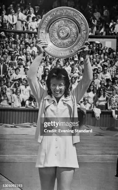 American tennis player Billie Jean King wins the Ladies' Singles title at the Wimbledon Championships in London, UK, 7th July 1973.