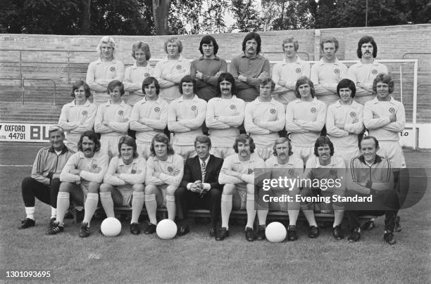 Oxford United FC, a League Division 2 team at the start of the 1973-74 football season, UK, August 1973. From left to right, they are Dave Roberts,...