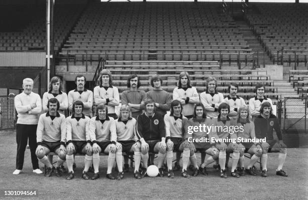 Members of Watford FC, a League Division 3 team at the start of the 1973-74 football season, UK, 31st July 1973. From left to right Pat Molloy ,...