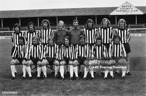 The players of Notts County FC, a League Division 2 team at the start of the 1973-74 football season, UK, 30th July 1973. From left to right Eddie...