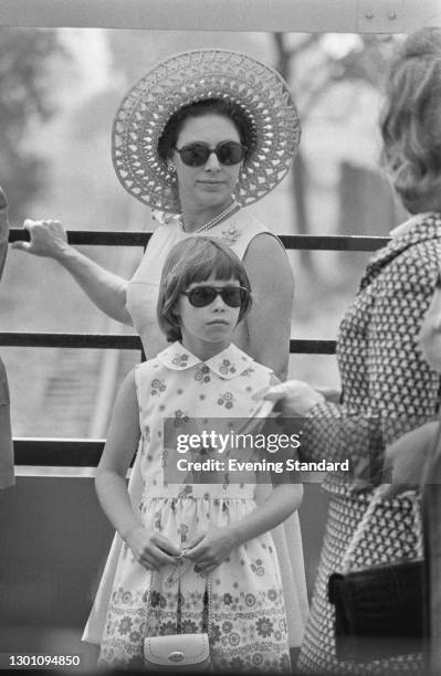Princess Margaret and her daughter, Lady Sarah Armstrong-Jones riding a miniature railway at Whipsnade Zoo in Bedfordshire, UK, 6th August 1973.