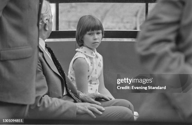 Lady Sarah Armstrong-Jones, the daughter of Princess Margaret, riding a miniature railway at Whipsnade Zoo in Bedfordshire, UK, 6th August 1973.