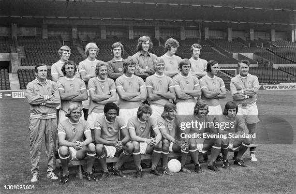 The players of Manchester City FC, a League Division 1 team at the start of the 1973-74 football season, UK, 30th August 1973. From left to right...