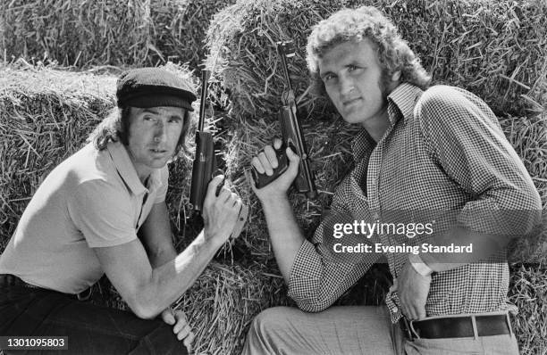 British racing driver Jackie Stewart and boxer Joe Bugner take part in the televised sporting event 'Superstars' at Crystal Palace in London, UK,...