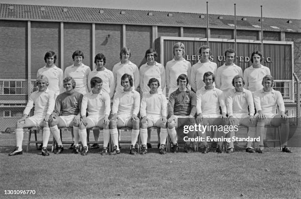 The players of Leeds United FC, a League Division 1 team at the start of the 1973-74 football season, UK, 29th August 1973. From left to right Peter...