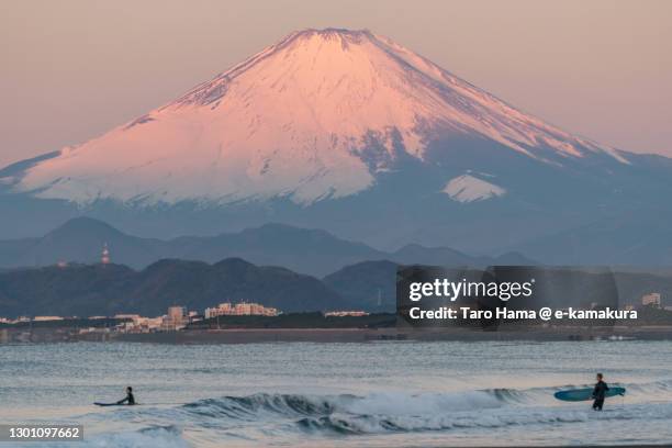 snowcapped mt. fuji and the morning beach in kanagawa prefecture of japan - kanagawa prefecture stock pictures, royalty-free photos & images