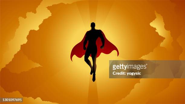 vector superhero silhouette flying in the clouds stock illustration - superhero flying stock illustrations