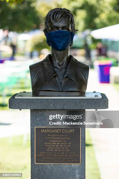 Masked Margaret Court statue during day two of the 2021 Australian Open at Melbourne Park on February 09, 2021 in Melbourne, Australia.