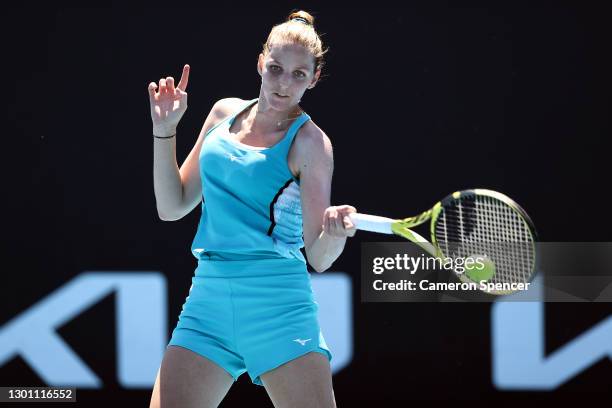 Kristyna Pliskova of Czech Republic plays a forehand in her Women's Singles first round match against Heather Watson of Great Britain during day two...