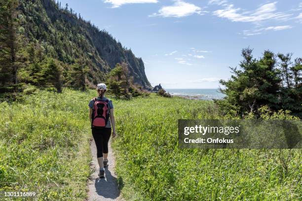 woman hiking on trail along the st-lawrence river, quebec, canada - gaspe peninsula stock pictures, royalty-free photos & images