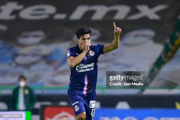 Jesus Sanchez of Chivas celebrates after scoring the first goal of his team during the 5th round match between Leon and Chivas as part of Torneo...