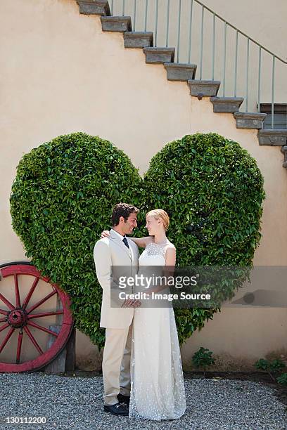 newlyweds by heart shaped bush - europe bride stock pictures, royalty-free photos & images