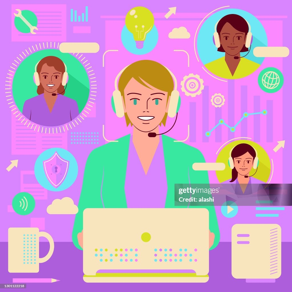 Grupo de mujeres de negocios con auriculares trabajando a través de conferencias y reuniones web o tomando un curso de formación en línea, e-learning y concepto de teletrabajación